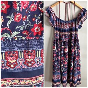 Knox Rose Boho Floral Off Shoulder Tassel Midi Dress M Navy Red Border Print